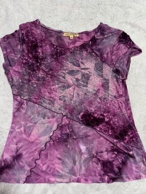 Notations Purple Tie-Dye Short Sleeve Top with Diagonal Overlay